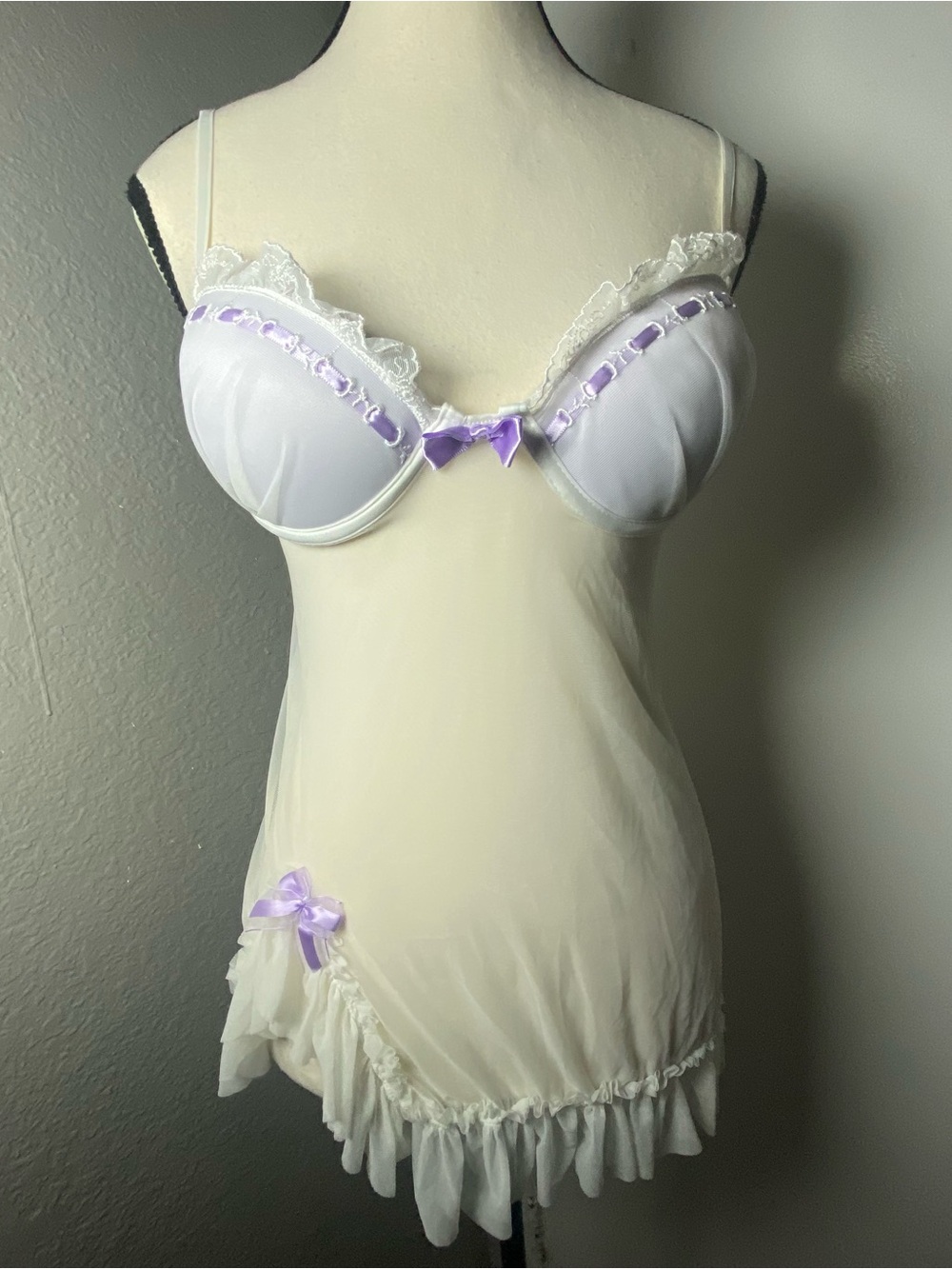 Y2K Snob Purple & White Mesh Padded Bust Satin Trim Ruffle Chemise Size Medium